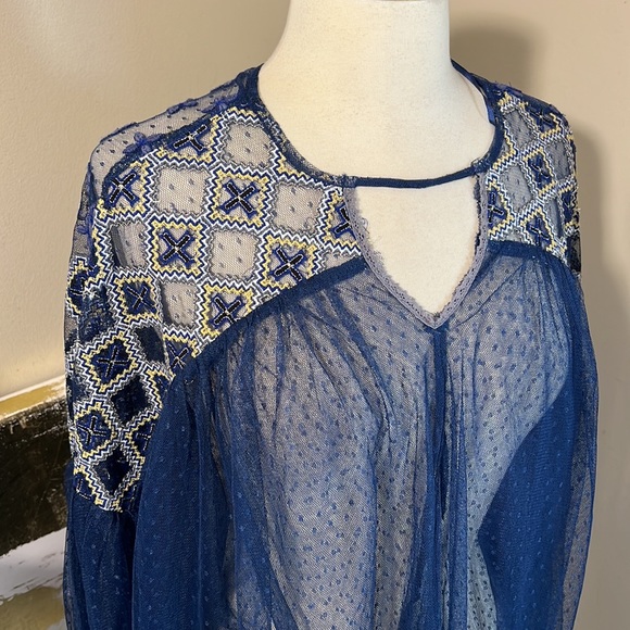 Free People Joyride Knit Sheer Lace Navy Blue Embroidered Top - Picture 9 of 14